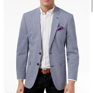 Tommy Hilfiger Blue & White Gingham Shirt Jacket with Purple Pocket Square